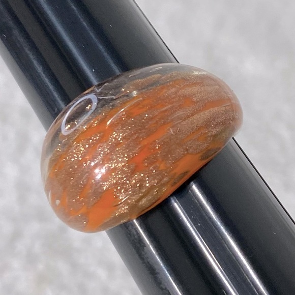Vintage Art Glass Handmade Orange & Bronze Glitter Band Ring - Picture 11 of 11